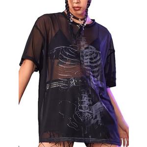 Floerns Women's Short Sleeve See Through Sheer Mesh Tee Shirt Blouse Tops L