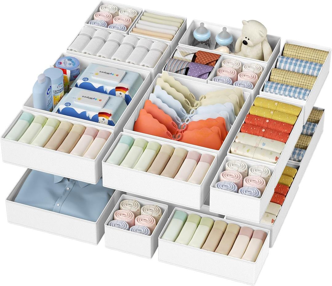 DIMJ Drawer Organizer Clothes - 20 Pack Closet Drawer Organizer Bins for Baby Clothes Storage, Fabric Dresser Organizer for Nursery Bedroom, Foldable Small Drawer Dividers for Underwear Socks (White)