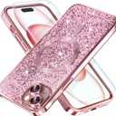 Misea Magnetic for iPhone 15 Case Compatible with MagSafe [Military Grade Drop Protection] Full Camera Lens Protector Plating Glitter Soft Phone Case for Women Girls, Pink