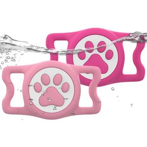 IP68 Waterpoof Dog Airtag Holder, Stretchy Silicone Full Body Covered Apple Air Tag Holder for Dog Cat Collar Fit All Width Collar (Pink/Rose, 2 Pack)