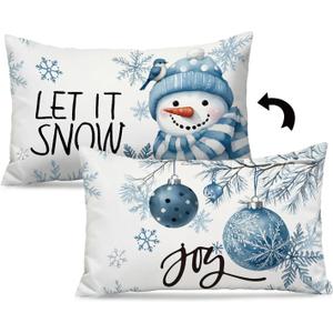 Blue Christmas Snowman Winter 12x20 Pillow Cover Double-Side, Winter Snowflake Xmas Holiday Decorative Throw Pillow Covers Pillowcases for Home Bedroom Living Room Decor,Let It Snow Decor