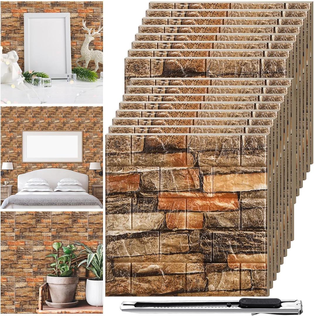 Tinlade 30 Pcs 28.81 Sq ft 3D Wall Panels Peel and Stick Foam Brick Wallpaper Printable Faux Brick Wall Panels Decorative Self Adhesive Tiles Waterproof(Assorted Color)