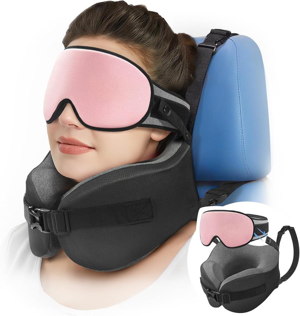 YFONG Travel Pillow for Long Flight Airplanes, Head Strap Combo with 3D Contoured Eye Mask for Sleep, Neck Pillow for Car Trip Essential, 360 Support Memory Foam Headrest, Prevent Head Bobbing, Pink