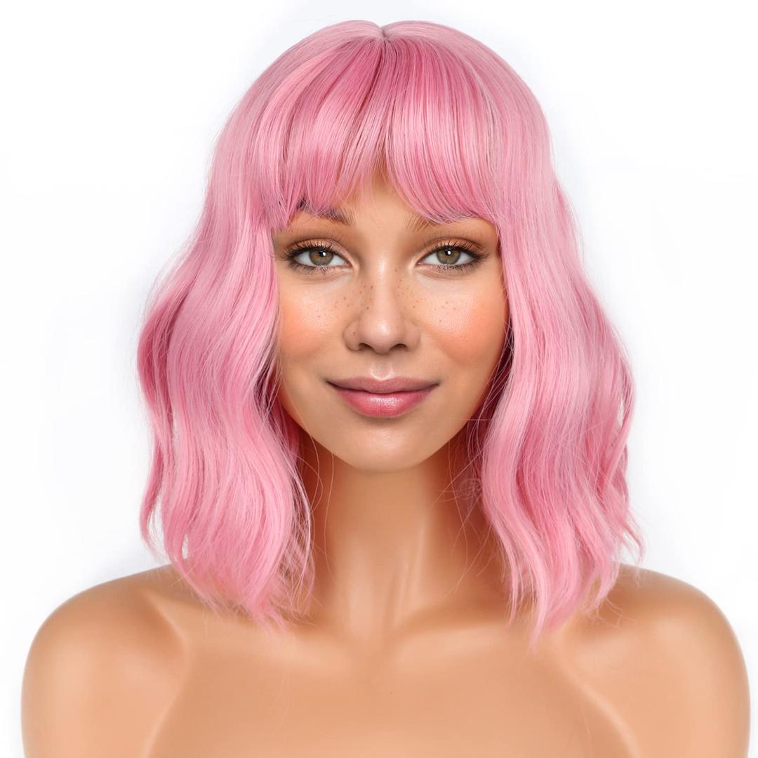 LANICE Short Bob Pink Wigs with Bangs for Women Loose Wavy Hair Shoulder Length Wigs Synthetic Colorful Wigs for Cosplay Daily Party Use (Pink,12inch)