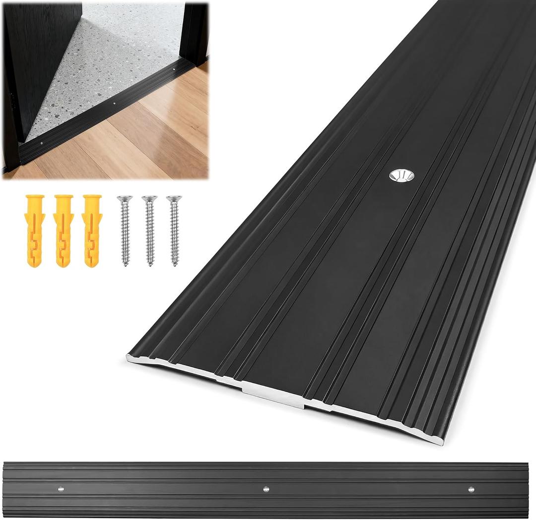 Aluminum Door Threshold - 36" L x 3" W Exterior Floor Transition Strip with Pre Drilled Holes and Expansion Screws, Non-Slip Fluted Saddle Flat Profile Threshold, Prevent Dust & Airflow, Black, 36in x 3in