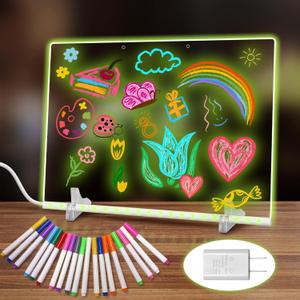 19 Highlighter, Led Note Board with Colors,13.8"X10",4 Modes & 7 Colors Lumiboard Led Drawing Board for Kids, Light Up Sign, Acrylic Dry Erase Board with Stand, Include Adapter, Hanging Chain, Spray Bottle