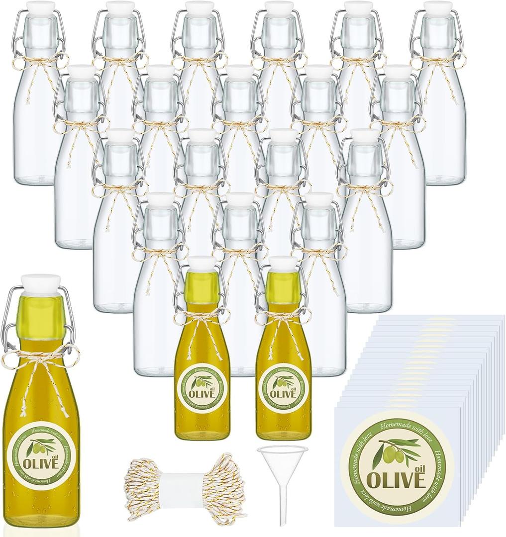 Queekay 20 Pack Mini Swing Top Glass Bottles for Vanilla Extract Homemade Olive Oil Bottles with Lids Airtight Cap Lids Labels for Wedding Baby Shower Favors(5.07 oz,Clear)