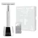 Double Edge Safety Razor with Stand, Single Blade Razors for Men and Women, Reusable Metal Razor, with 10 Double Edge Blades, Smooth and Close Shave, Shiny Silver