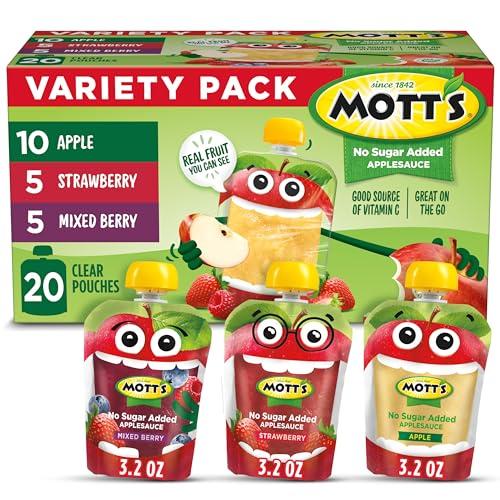 Mott's No Sugar Added Applesauce Variety Pack, 3 Flavors – Apple, Strawberry & Mixed Berry, Made from Real Fruit, No Artificial Flavors, 3.2 oz Clear Pouches, 20 Pack, Best Before Date 06/20/26