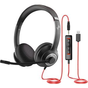 USB Headset with Mic for PC, On-Ear Computer Laptop Headphones with Noise Cancelling Microphone in-line Control for Home Office Online Class Skype Zoom (USB+3.5mm, Black)