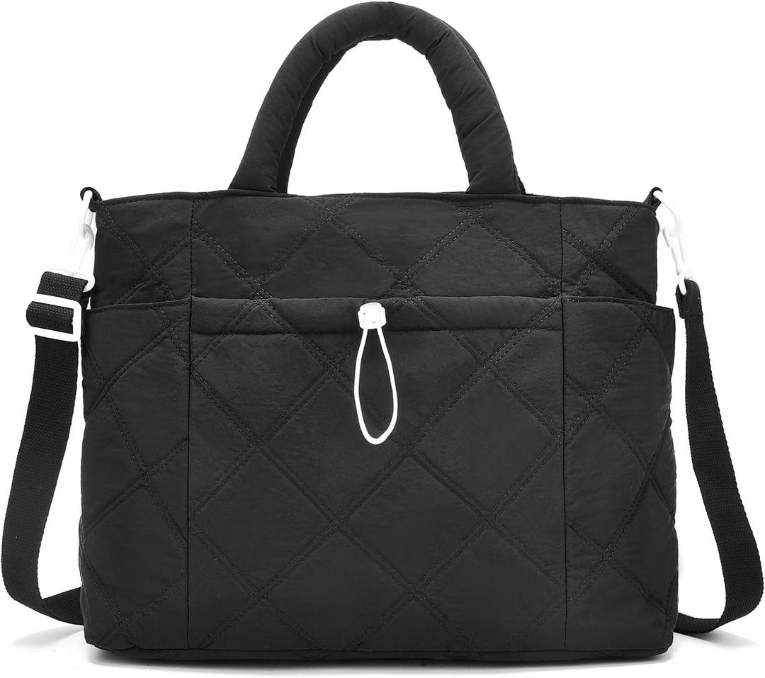 I IHAYNER Puffer Tote Bag for Women Lightweight Top Handle Handbag Large Shoulder Bag with Zipper for Travel Work (Black)