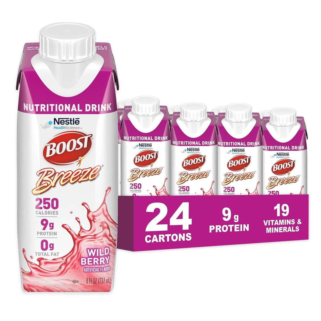 BOOST Breeze Clear Nutritional Drink - 250 Calories - 19 Vitamins & Minerals - 9 g Protein Fortified with Vitamin A & Zinc - Wild Berry Flavor - 8 fl oz (Pack of 24) (EXP 09/09/26)