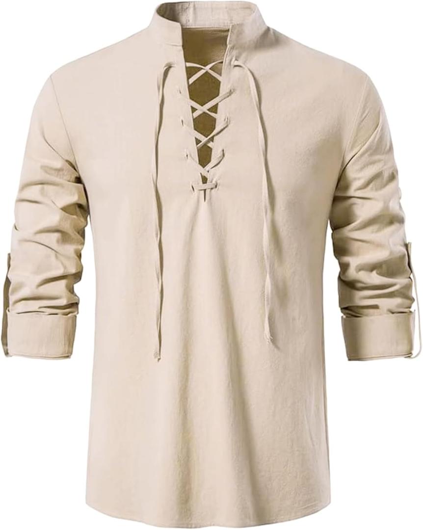 Men's Long Sleeve Shirts Retro Style Lace up for Medieval,Viking,Hippie Halloween Cosplay Pirate Renaissance Costume (X-Large, Beige)