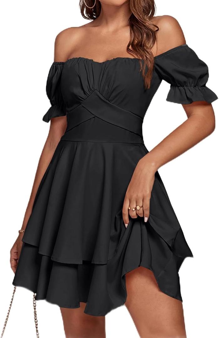 LYANER Women's Tie Back Off Shoulder Wrap Layer Ruffle A Line Short Sleeve Casual Mini Dress (Black) XL