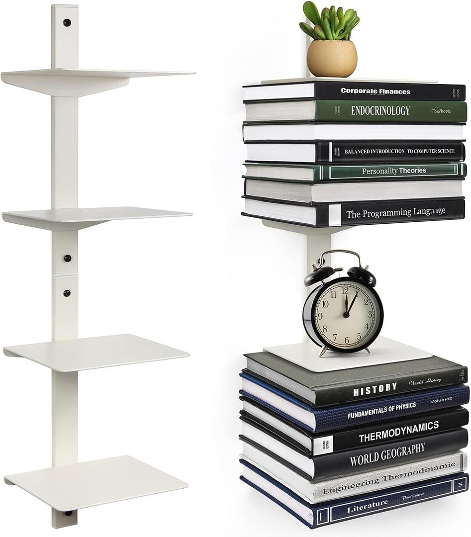 Floating Book Shelves for Wall, 4 Tier Invisible Floating Bookshelf, Vertical Spine Book Tower, Wall Mounted & Space Saving, Heavy Duty Metal Book Organizer for Home Office, 2 Pack White