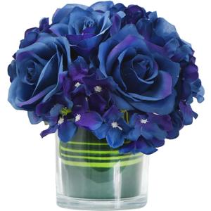 Artificial Rose and Hydrangea Silk Flower Centerpieces Faux Floral Arrangement in Glass Vase for Home Wedding Table Decoration (Navy Blue)