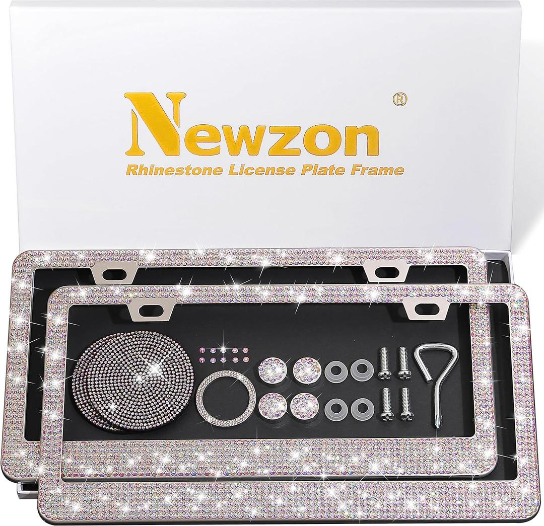Newzon AB Bedazzled Crystal Car License Plate Cover 2 Pieces, Color Bling License Plate Frames with High End Ribbon Gift Box, Diamond Car Accessories with Coaster, Rhinestone Ignition Ring for Women (2 Pieces-AB-Box)