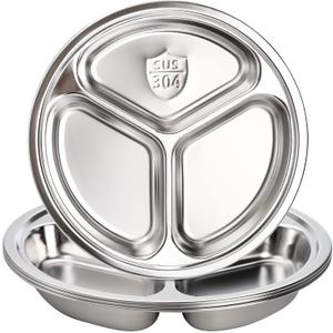 Hacaroa 2 Pack Stainless Steel Round Divided Plates, 9.5 Inch Dinner Snack Plates with 3 Compartment, Divided Tray Food Serving Platter for Kids, Adults, Camping, Lunch and Dinner
