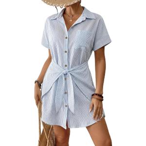 Bsubseach Womens Swimsuit Coverup Short Sleeve Button Down Tie Beach Shirt Dresses Summer Bathing Suit Cover Up Swimwear, L