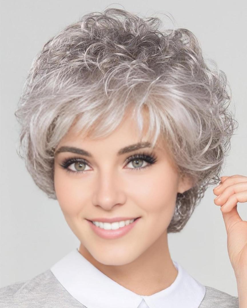 RENERSHOW Short Grey Curly Wigs for White Women Sliver Gray Synthetic Wig with Bangs Full Puffy Curly Grey Short Wig