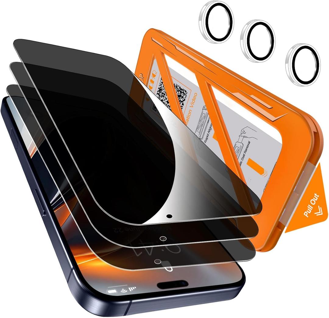 [1-Second Auto-Install] QHOHQ 3 Pack Privacy Screen Protector for iPhone 17 Pro [6.3 Inch] + 1 Set Camera Lens Protector, 25 Anti Spy Tempered Glass, [12FT Military Grade Shatterproof], Case Friendly