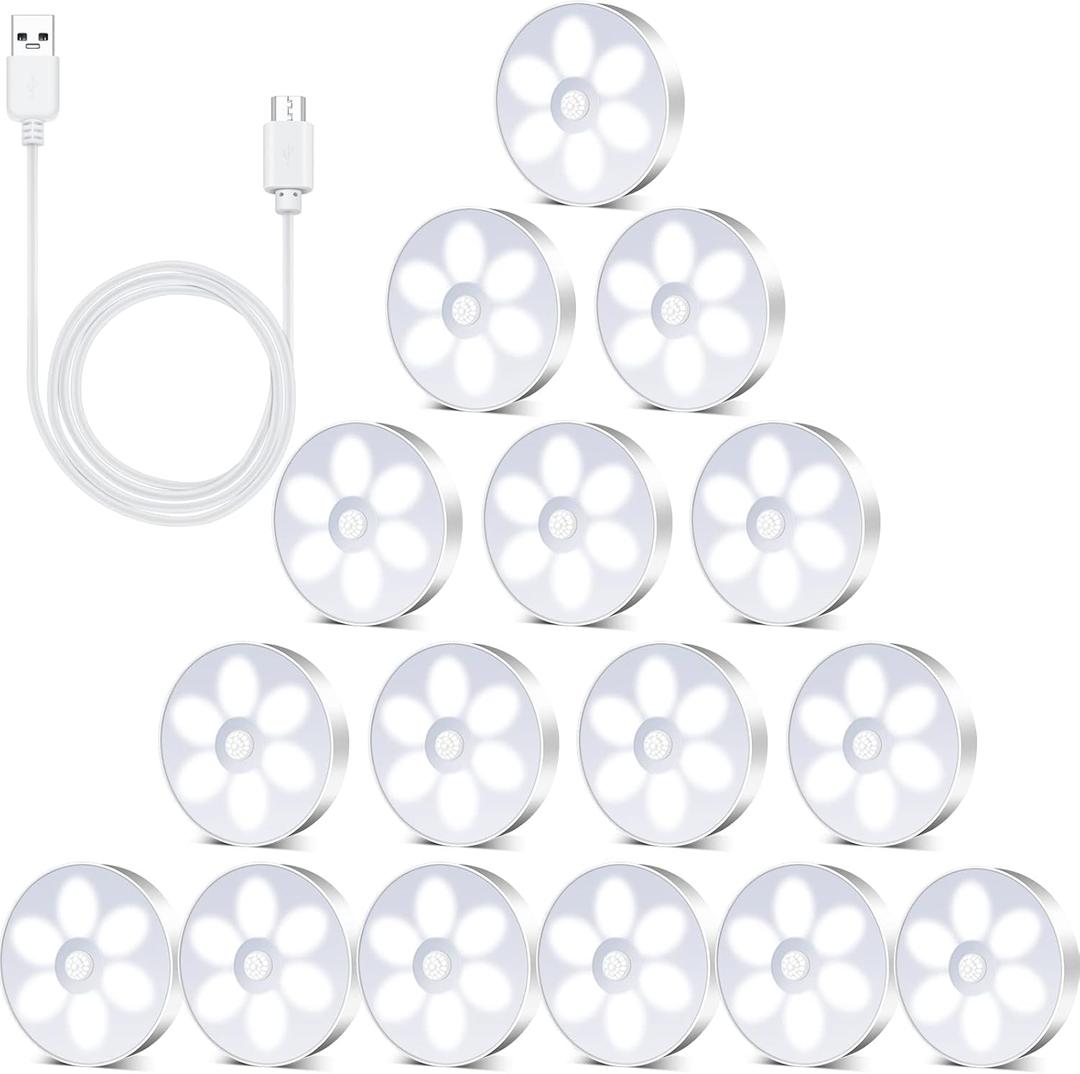 Hortsun 16 Pcs LED Rechargeable Motion Sensor Lights Powered USB Smart Stair Closet Night Lights for Indoor