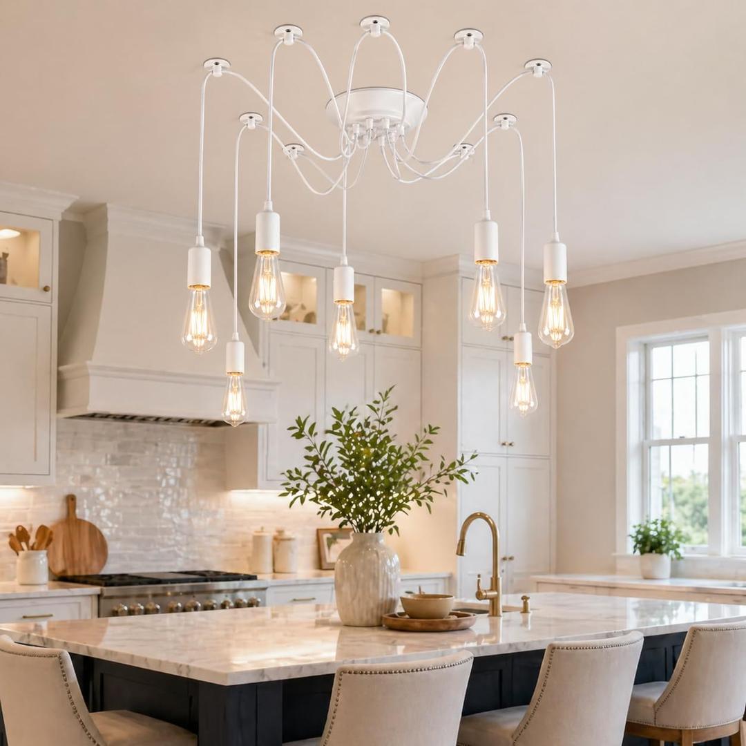 Finktonglan 8-Light Spider Pendant Chandelier, Adjustable 48.4" Cords, E26 Sockets, White Modern Farmhouse Multi-Light Ceiling Fixture for Kitchen Island, Dining Room & Entryway