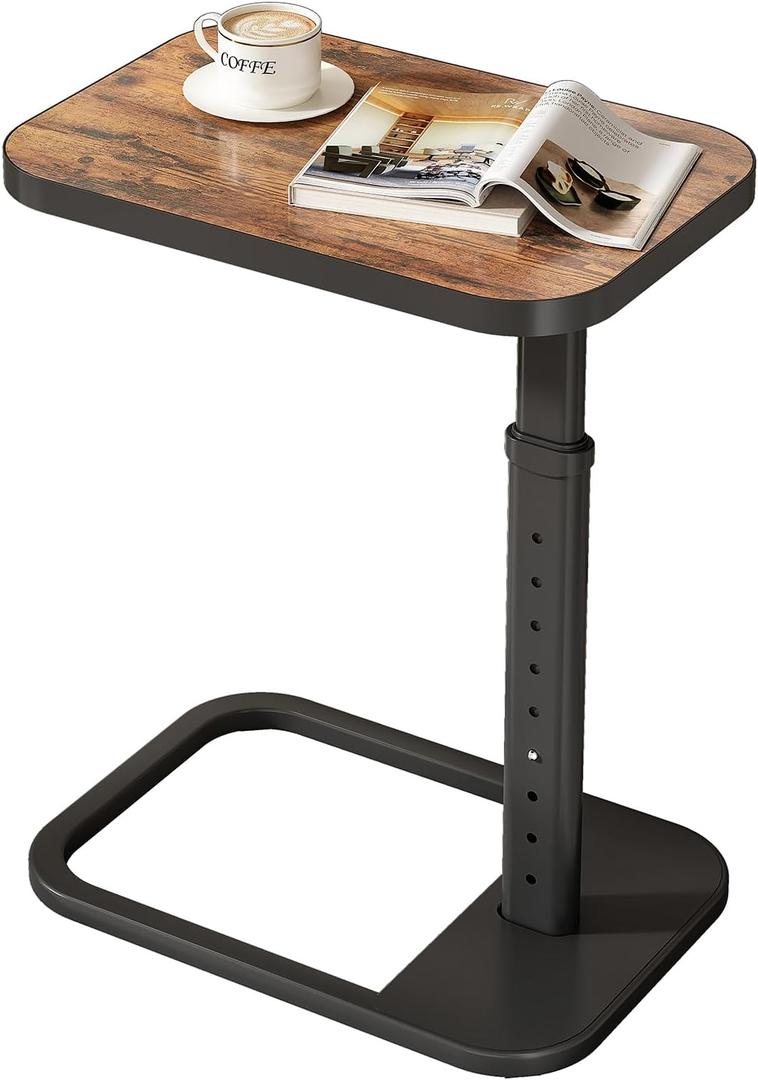 Kitstorack Adjustable Height C-Shaped End Table, 9-Level Side Table with Metal Rounded Edge, Couch Table that Slides Under Sofa or Bed for Eating, Working, and Drinks, TV Tray for Small Spaces, Brown