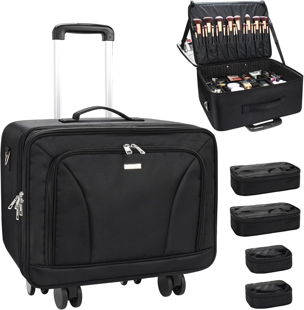 Relavel Extra Large Makeup Case Rolling Travel Train Case with 360 Spinner Wheels, 3 Layer with Insulation Compartment & Four Clear Storage Bags, Professional Makeup Artist Bag Set, Black