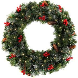 Pre-Lit Decorated Garland with Lights Christmas Garlands Decorations for Stairs Fireplaces Artificial Wreath Garland with Cones, Red Berries and Illuminated with 50 Clear Lights Diameter 60CM