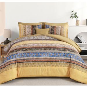 Cottolester Boho Queen Comforter Set 8 Pieces, Yellow Bohemian Striped Bed in a Bag, Paisley Soft Microfiber Bedding Comforter Set