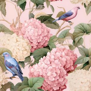 VEELIKE Pink Hydrangea Floral Wallpaper with Birds Peel and Stick Chinoiserie Wallpaper for Bedroom Bathroom 17.7''x118'' Self Adhesive Removable Bird Wall Paper Pink Contact Paper for Walls Cabinets