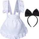 Wannsee Fancy Cute White Retro Frilly Adorable Maid Waitress Aprons Vintage Costume Bow Headdress Set(Adjustable Bow) (One Size)