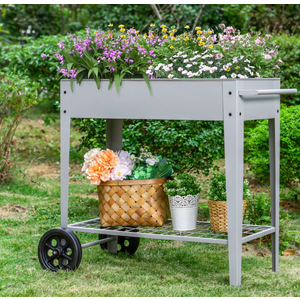 Raised Planter Box with Legs Outdoor Elevated Garden Bed on Wheels-Gray