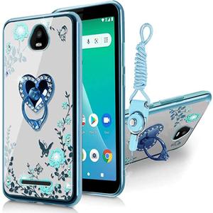 B-wishy for Schok Volt SV55 Glitter Crystal Butterfly Heart Floral Slim TPU Luxury Bling Cute Protective Cover with Kickstand+Strap for Schok Volt SV55(Blue)