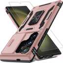 DEERLAMN Case for Samsung Galaxy S25 Ultra with Slide Camera Cover+Screen Protector (1 Pack), Rotated Ring Kickstand Military Grade Shockproof Protective Cover-Rose Gold (S25 Ultra-6.9 Inch)