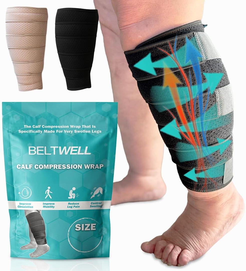 Beltwell Adjustable Lymphedema Calf Compression Wrap for Swelling, Edema, Lipedema, Circulation, Heaviness, Pain - Easy to put on (XXL - SHORT, Black)