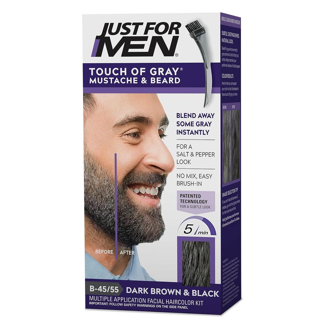 Just For Men Touch of Gray Mustache & Beard, Beard Coloring for Gray Hair with Brush Included for Easy Application, Great for a Salt and Pepper Look - Dark Brown & Black, B-45/55, Pack of 1 (1 Count (Pack of 1), Dark Brown-Black)