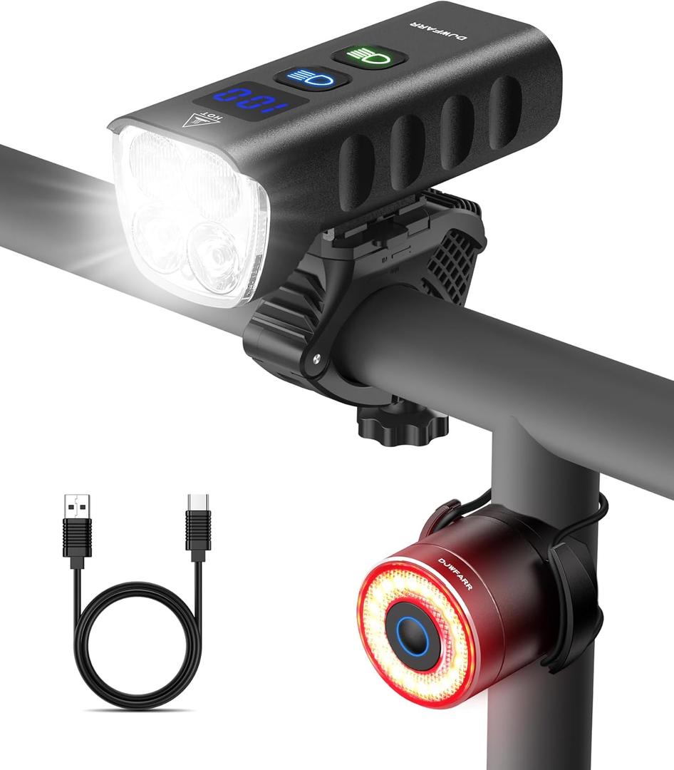 Front Bike Light or Front Headlight & Back Taillight Set, 2000 Lumens Super Bright Road Mountain Ebike Lights, Rechargeable & 6400mAh Ultra-Long Battery Life, 13 Lighting Modes