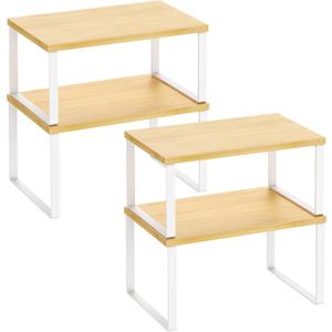 Kitchen Cabinet Organizer Shelf Set of 4, Sturdy Kitchen Counter Shelves with Metal Legs, Stackable Expandable Wood Spice Rack Pantry Cupboard Dish Mug Cup Storage Organizer Shelf,White+Bamboo