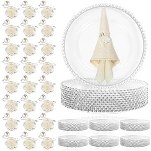 Tioncy 50 Set Clear Silver Charger Plates and Napkin Rings Bulk Beaded Charger Plates 13 Inch Plastic Round Table Decoration for Dinner Wedding Party Event