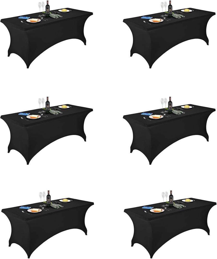 FORLIFE 6Pack Spandex Table Covers 6 ft Fitted Tablecloth for 6ft Rectangular Tables, Stretch Patio Table Covers, Universal Spandex Table Cover for Wedding, Banquet, Party - Black (6FT 6PCK)