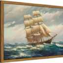 Framed Vintage Sailboat Wall Art, Ocean Nautical Pictures Wall Decor Painting, Retro Coastal Seascape Canvas Prints Artwork for Beach House Living Room Bedroom-16×24inch