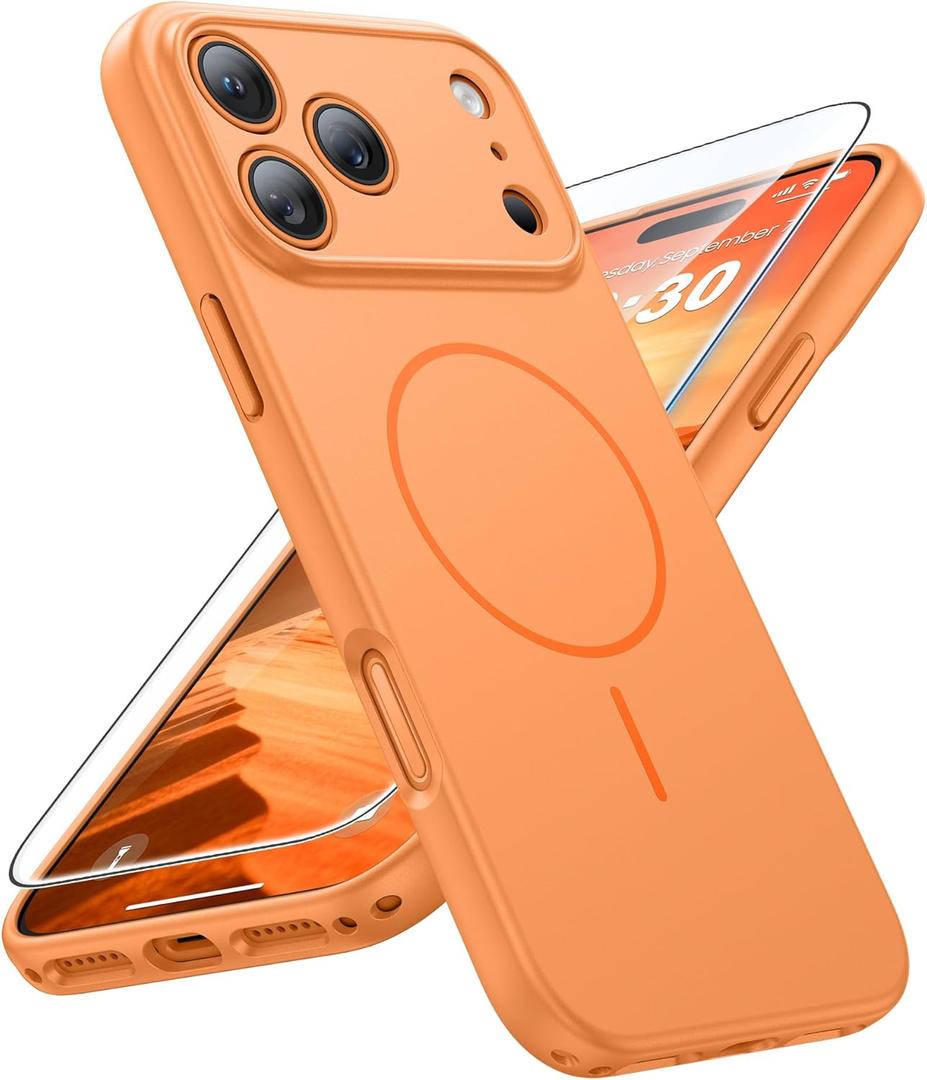 FNTCASE for iPhone 17 Pro Max Case: [Compatible with Magsafe] Solid Orange Matte 17 Promax Magnetic Phone Cover with [Full Camera Protection] [Screen Protector] Military Grade Shockproof Protective