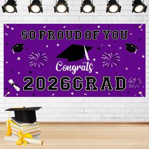 3 x Graduation Decorations 2026 Purple Graduation Banner 66.1" x 33.8" Graduation Backdrop Congrats Grad Banner for Outdoor Indoor High School College Class of 2026 Graduation Party Decorations