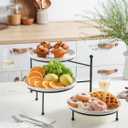 Kanwone 3 Tiered Serving Stand with White Porcelain Plates, 10" Round Tray, Dessert Table Display Set, Black Metal Stand, Versatile & Durable