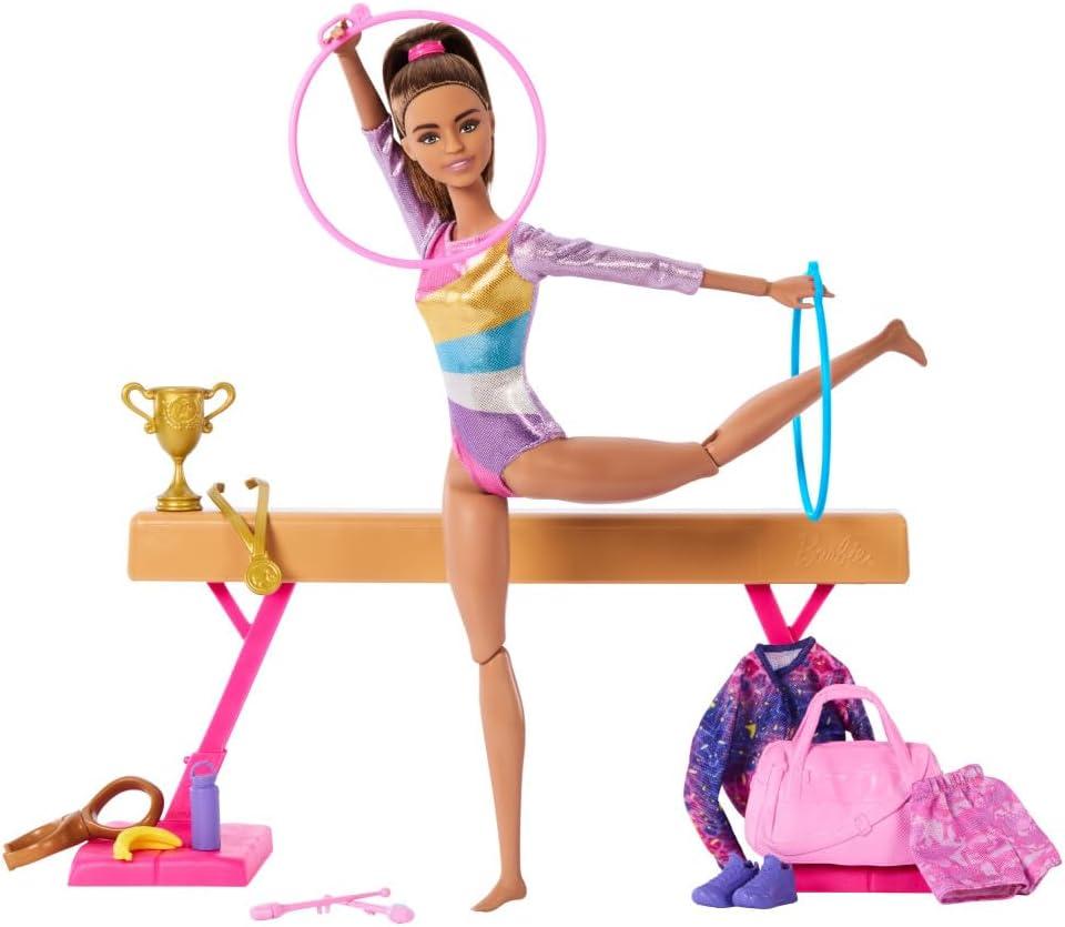 Barbie Gymnastics Doll & Accessories, Playset with Brunette Fashion Doll, C-Clip for Flipping Action, Balance Beam, Warm-Up Suit & More Barbie Gymnastics Doll & Accessories, Playset with Brunette Fashion Doll, C-Clip for Flipping Action, Balance Beam, Warm-Up Suit & More