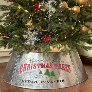 29" Galvanized Christmas Tree Collar for Pencil Tree, Round Metal Tree Collar with Silk Screen Design, Pet-Proof Christmas Tree Collars for Artificial Trees, Secure & Reusable Holiday Decor