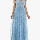 Women's Sleeveless Embellished V Neck Lace Back Tulle Gown(size 13/14)