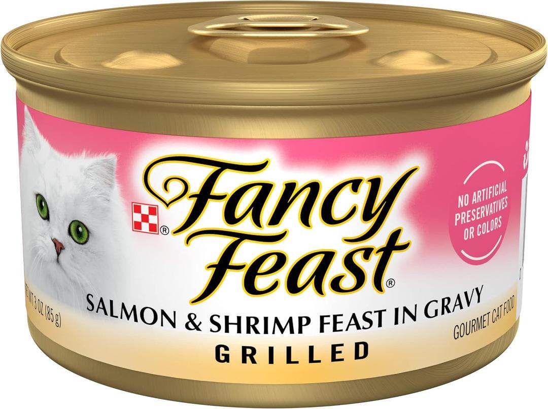 Purina Fancy Feast Grilled Wet Cat Food Salmon and Shrimp Feast in Wet Cat Food Gravy - (Pack of 24) 3 oz. Cans (EXP 06/30/28)